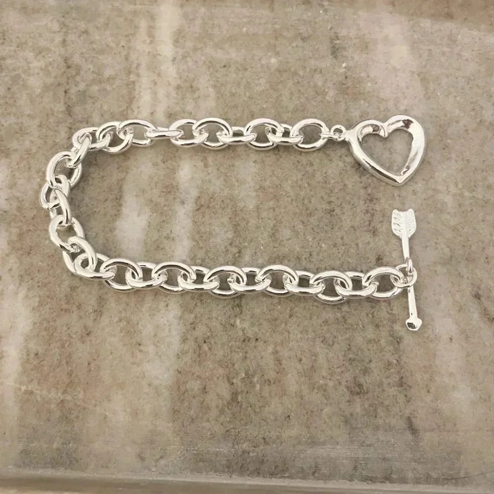 925 Sterling Silver Chunky Heart & Arrow Toggle Bracelet Chain Link Bracelet